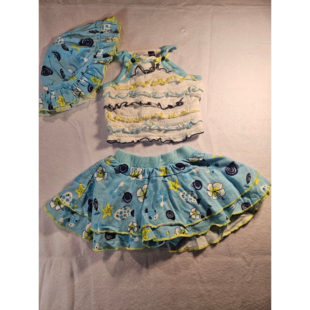 Vitamins Kids Vintage Y2K Tropical Skort Set with Hat Blue 12 Months 3015